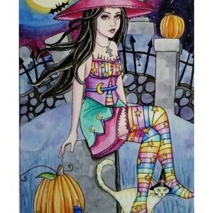 Halloween Postcard Nikki Burnette Graveyard Witch Cat Kamaria 2012 Limited To 35